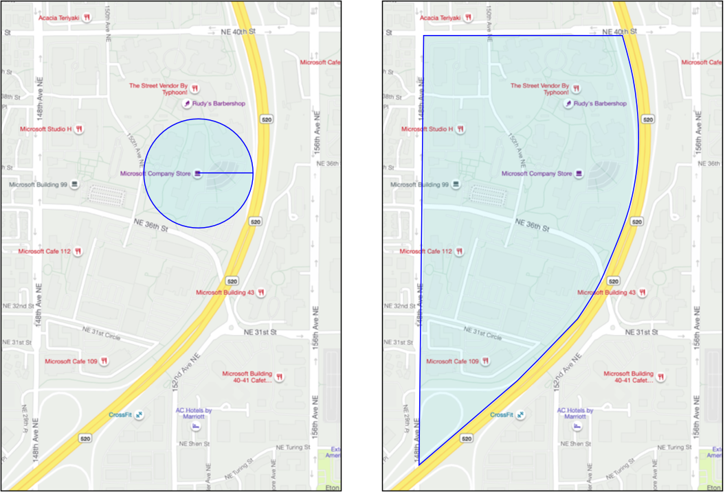 Exemple de geofence care arată un geofence circular în jurul magazinului Microsoft și un geofence poligonal în jurul campusului Microsoft West