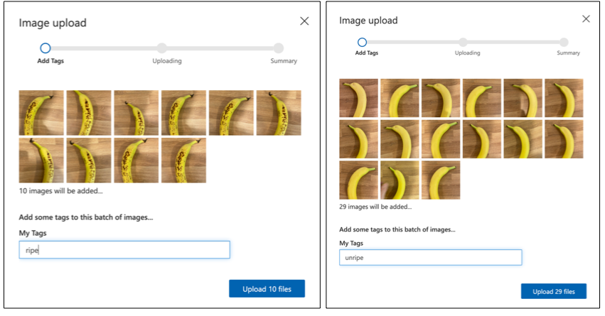 Die Upload-Dialoge zeigen den Upload von Bildern reifer und unreifer Bananen