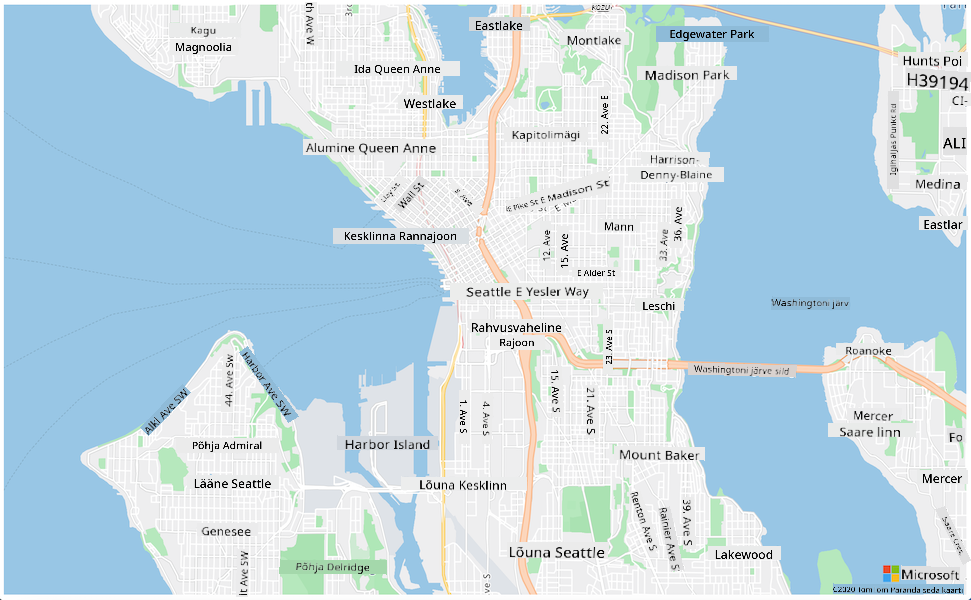 Kaart, mis näitab Seattle'i, linna Washingtoni osariigis, USA-s