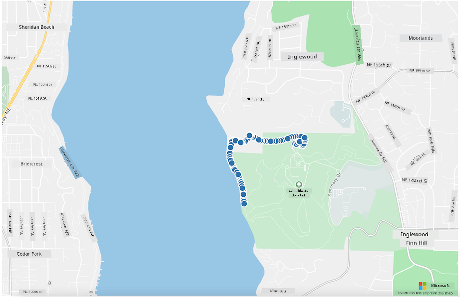 A map of Saint Edward State Park near Seattle, with circles showing a path around the edge of the park