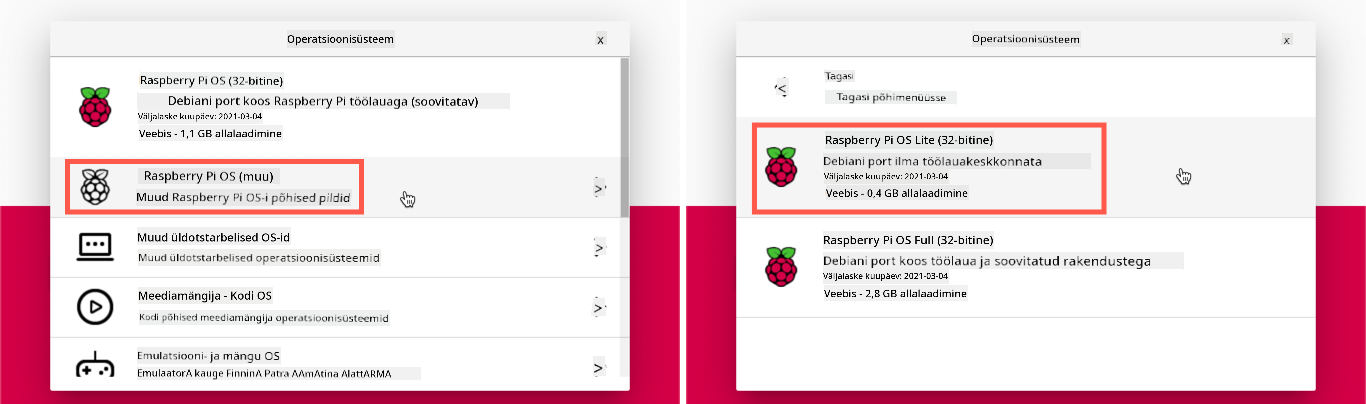 Raspberry Pi Imager koos valitud Raspberry Pi OS Lite-ga