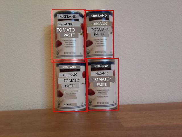 4 cans of tomato paste with bounding boxes around each can