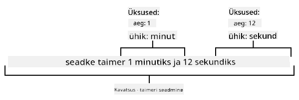 Lause "sea taimer 1 minutiks ja 12 sekundiks" jagatud entiteetideks