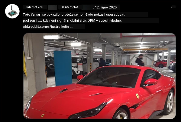 Tento Ferrari přestal fungovat, protože někdo zkusil provést aktualizaci pod zemí, kde není signál