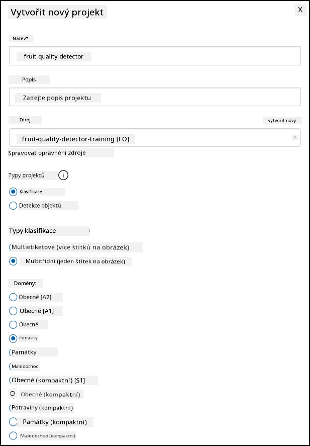 Nastavení projektu Custom Vision s názvem fruit-quality-detector, bez popisu, zdrojem nastaveným na fruit-quality-detector-training, typem projektu nastaveným na classification, typem klasifikace na multi class a doménou na food.