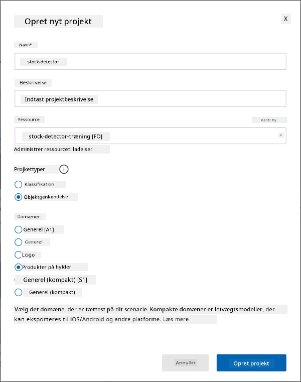 Indstillingerne for Custom Vision-projektet med navnet sat til fruit-quality-detector, ingen beskrivelse, ressourcen sat til fruit-quality-detector-training, projekttypen sat til klassifikation, klassifikationstyperne sat til multi class og domænerne sat til food