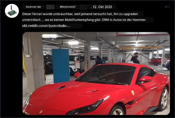 Dieser Ferrari wurde unbrauchbar, weil jemand versucht hat, ihn unterirdisch zu aktualisieren, wo es keinen Mobilfunkempfang gibt