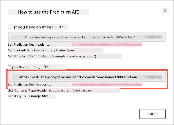 The prediction API dialog showing the URL and key