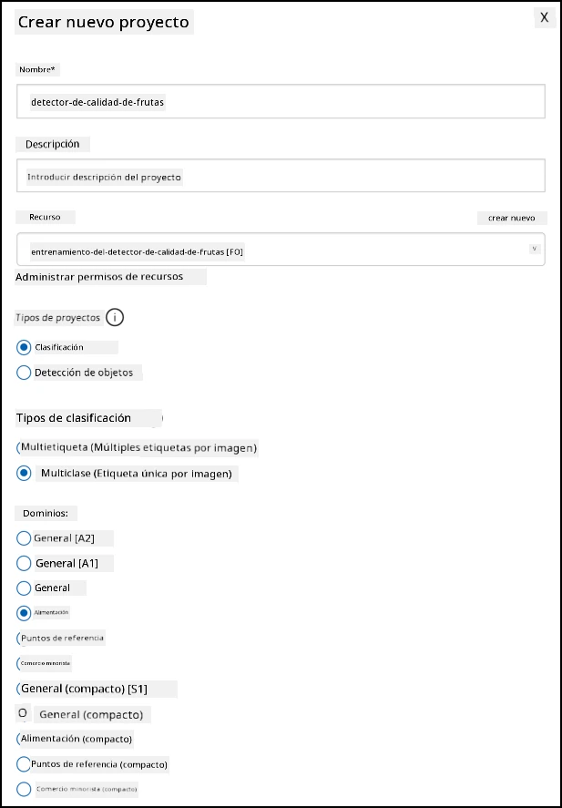 La configuración para el proyecto de Custom Vision con el nombre configurado como fruit-quality-detector, sin descripción, el recurso configurado como fruit-quality-detector-training, el tipo de proyecto configurado como clasificación, el tipo de clasificación configurado como multiclase y el dominio configurado como alimentos