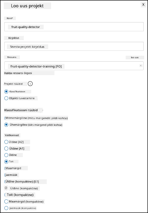 Custom Vision projekti seaded, kus nimi on fruit-quality-detector, kirjeldust pole, ressurss on fruit-quality-detector-training, projekti tüüp on classification, klassifikatsiooni tüüp on multi class ja domeen on food.