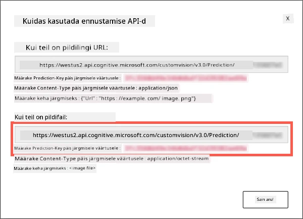 Ennustuse API dialoog, mis näitab URL-i ja võtit