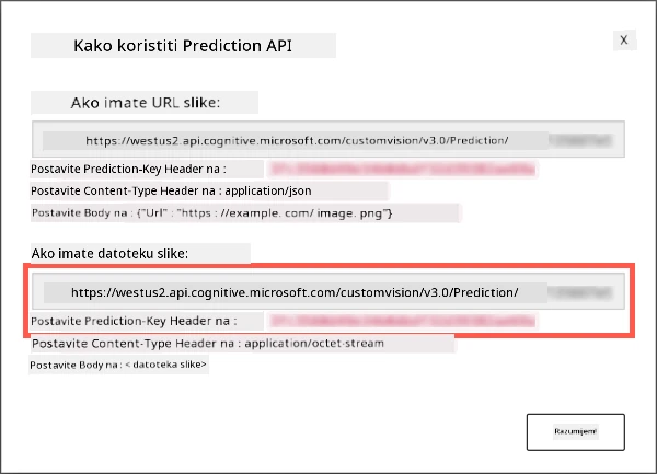 Dijalog API-ja za predikciju koji prikazuje URL i ključ