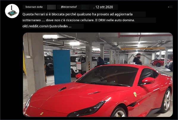 Questa Ferrari è stata bloccata perché qualcuno ha provato ad aggiornarla sottoterra dove non c'è ricezione cellulare