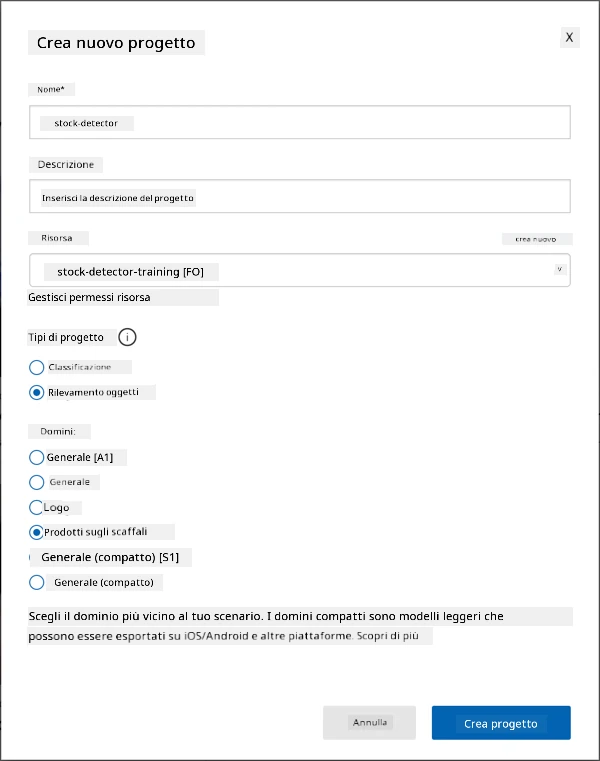 Le impostazioni per il progetto Custom Vision con il nome impostato su fruit-quality-detector, nessuna descrizione, la risorsa impostata su fruit-quality-detector-training, il tipo di progetto impostato su classificazione, i tipi di classificazione impostati su multi class e i domini impostati su food