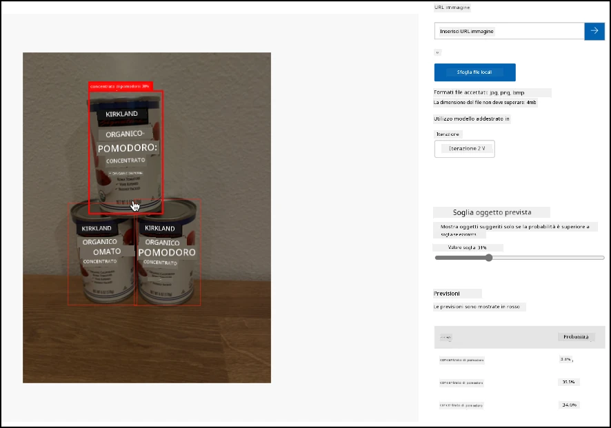3 lattine di concentrato di pomodoro rilevate con probabilità del 38%, 35.5% e 34.6%