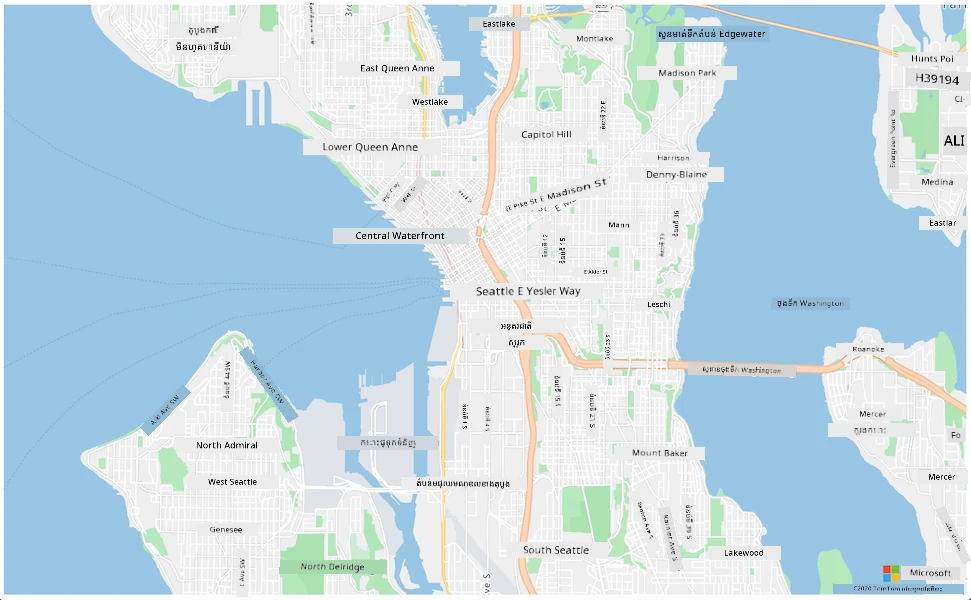A map showing Seattle, a city in Washington State, USA