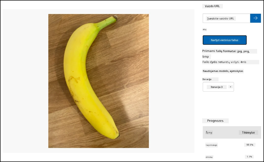 Neprinokęs bananas, klasifikuotas kaip neprinokęs su 98,9% tikimybe, prinokęs su 1,1% tikimybe