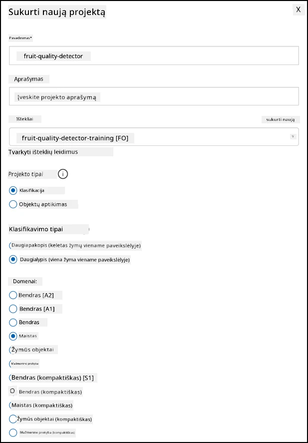 Custom Vision projekto nustatymai su pavadinimu fruit-quality-detector, be aprašymo, išteklius nustatytas į fruit-quality-detector-training, projekto tipas nustatytas į klasifikaciją, klasifikacijos tipas nustatytas į daugiaklasį, o domenas nustatytas į maistą