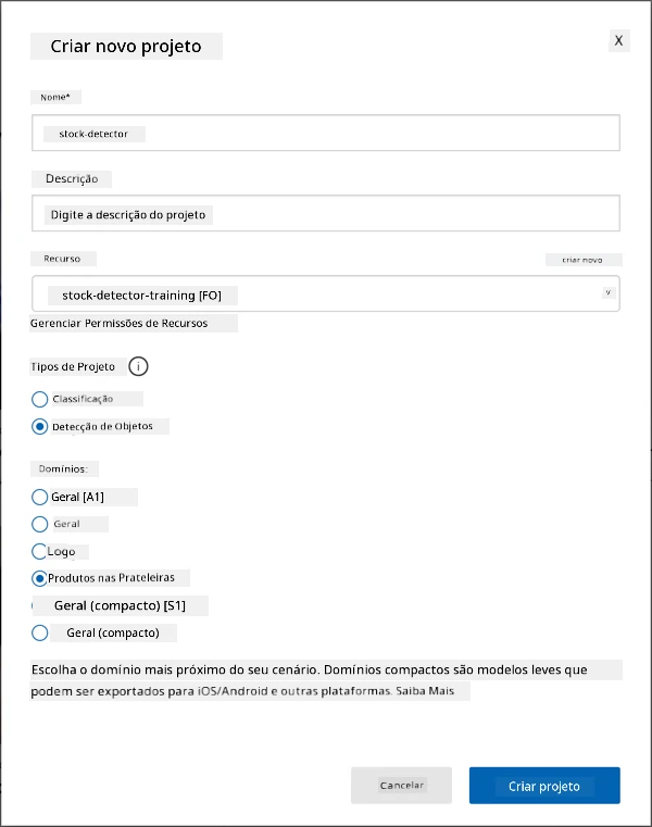As configurações do projeto no Custom Vision com o nome definido como fruit-quality-detector, sem descrição, o recurso definido como fruit-quality-detector-training, o tipo de projeto definido como classificação, os tipos de classificação definidos como multi-classe e os domínios definidos como alimentos