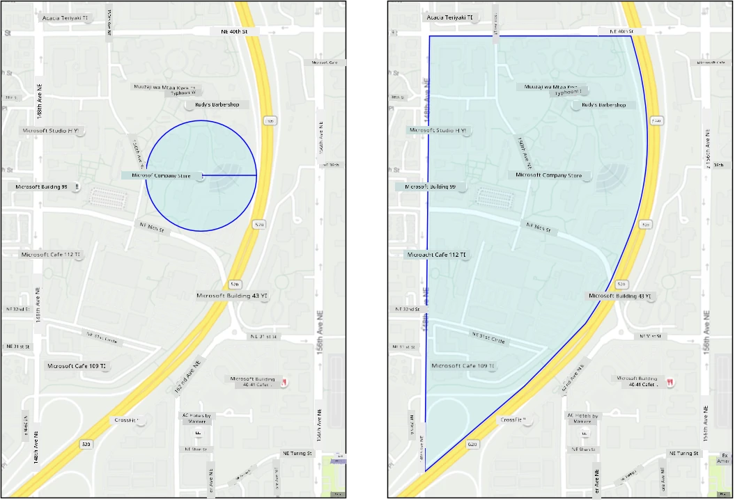 Mifano ya geofence inayoonyesha geofence ya duara karibu na duka la kampuni ya Microsoft, na geofence ya poligoni karibu na kampasi ya magharibi ya Microsoft
