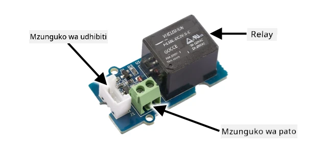 Relay ya Grove ikiwa na mzunguko wa kudhibiti, mzunguko wa nje na relay vimewekwa alama
