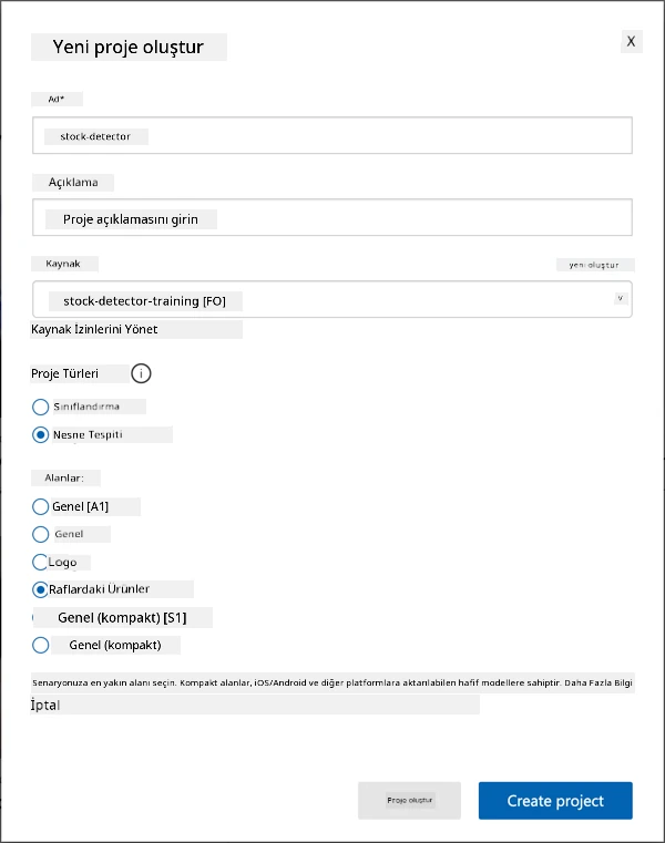 Custom Vision projesi ayarları