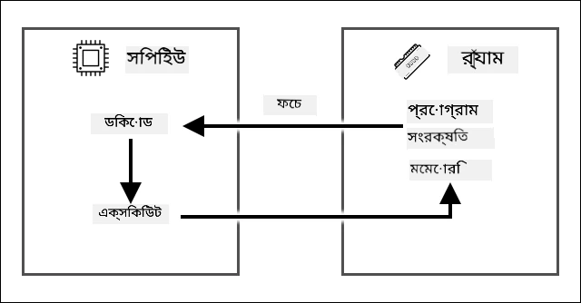 fetch decode execute সাইকেল দেখানো যেখানে RAM-এ সংরক্ষিত প্রোগ্রাম থেকে একটি নির্দেশনা নিয়ে CPU-তে ডিকোড এবং কার্যকর করা হয়
