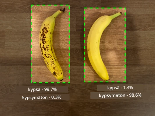 2 banaania, kypsä banaani ennustuksella 99,7% kypsä, 0,3% raaka, ja raaka banaani ennustuksella 1,4% kypsä, 98,6% raaka.