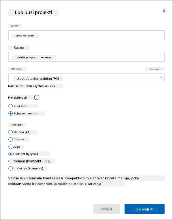 Custom Vision -projektin asetukset, joissa nimi on asetettu "fruit-quality-detector", ei kuvausta, resurssi on "fruit-quality-detector-training", projektityyppi on "classification", luokittelutyypit ovat "multi class" ja toimialue on "food"
