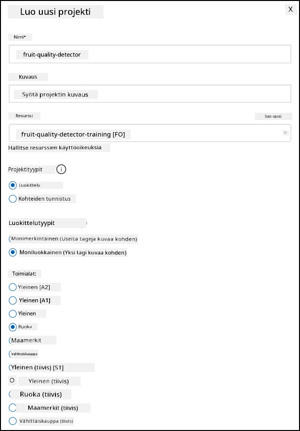 Custom Vision -projektin asetukset, nimi asetettu fruit-quality-detector, ei kuvausta, resurssi asetettu fruit-quality-detector-training, projektityyppi asetettu classification, luokittelutyypit asetettu multi class ja toimialat asetettu food.