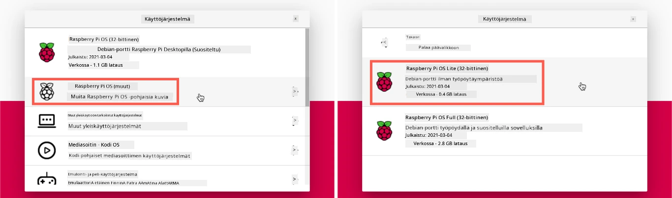 Raspberry Pi Imager, jossa Raspberry Pi OS Lite valittuna