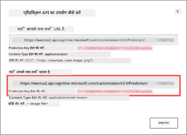 भविष्यवाणी API डायलॉग जिसमें URL और कुंजी दिख रही है
