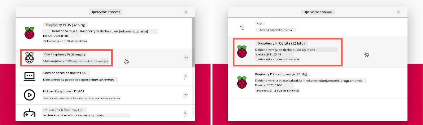 Raspberry Pi Imager su pasirinktu Raspberry Pi OS Lite