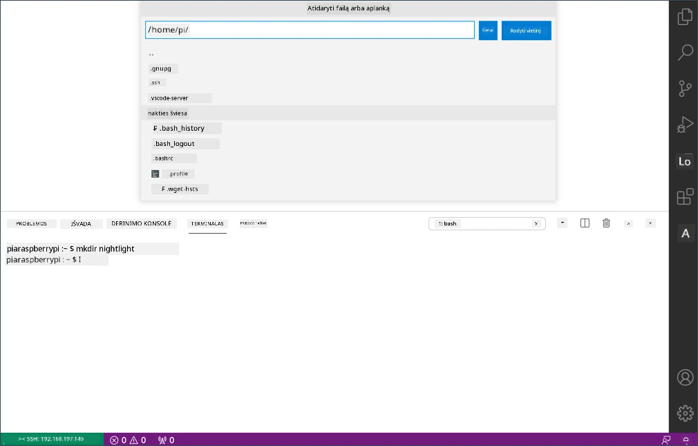 VS Code atidarymo dialogas, rodantis nightlight aplanką