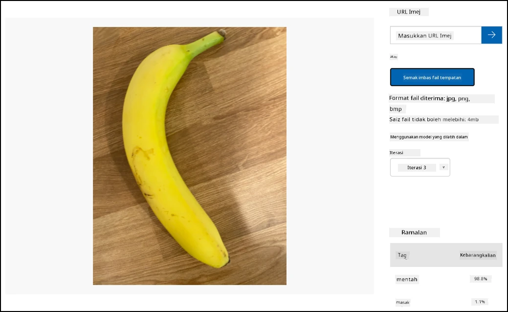 Pisang tidak masak diramalkan sebagai tidak masak dengan kebarangkalian 98.9%, masak dengan kebarangkalian 1.1%