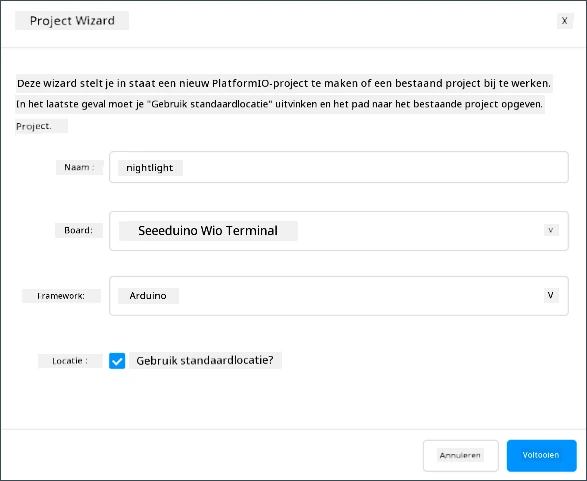 De voltooide projectwizard
