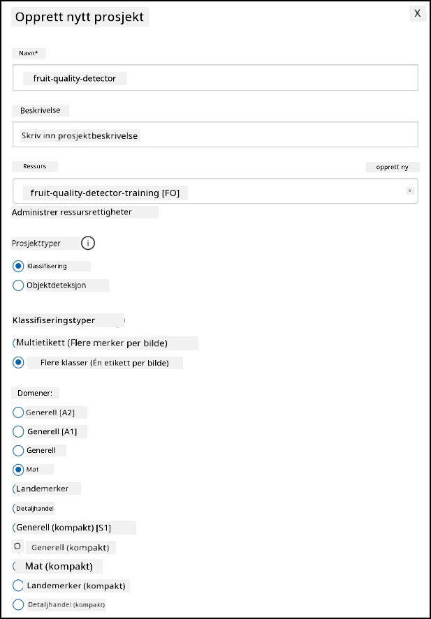 Innstillingene for Custom Vision-prosjektet med navnet satt til fruit-quality-detector, ingen beskrivelse, ressursen satt til fruit-quality-detector-training, prosjekttypen satt til klassifisering, klassifiseringstypene satt til multiklasse og domenene satt til mat