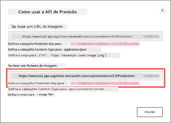 A janela da API de previsão mostrando o URL e a chave