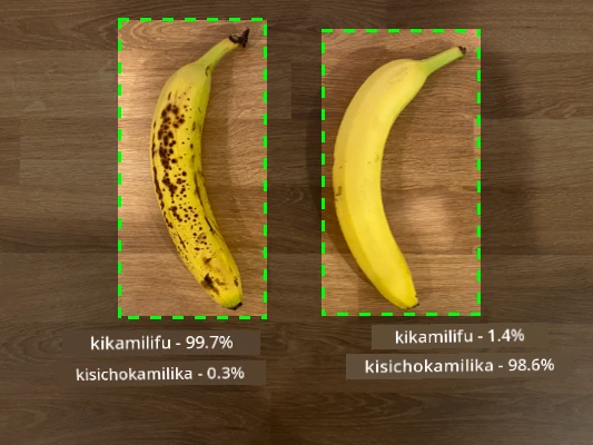 Ndizi 2, moja iliyokomaa na utabiri wa 99.7% imekomaa, 0.3% haijakomaa, na moja haijakomaa na utabiri wa 1.4% imekomaa, 98.6% haijakomaa