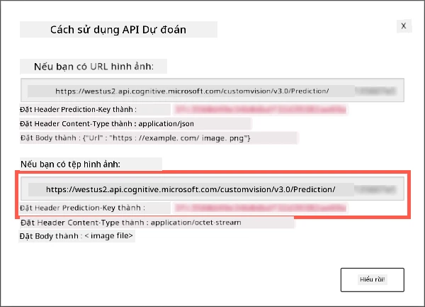Hộp thoại API dự đoán hiển thị URL và khóa