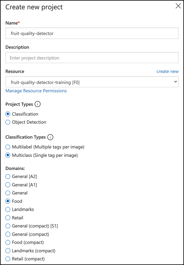 The settings for the custom vision project with the name set to fruit-quality-detector, no description, the resource set to fruit-quality-detector-training, the project type set to classification, the classification types set to multi class and the domains set to food