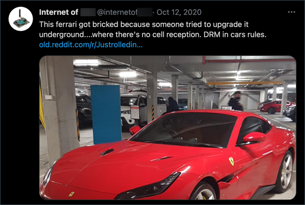 This ferrari got bricked because someone tried to upgrade it underground where there's no cell reception