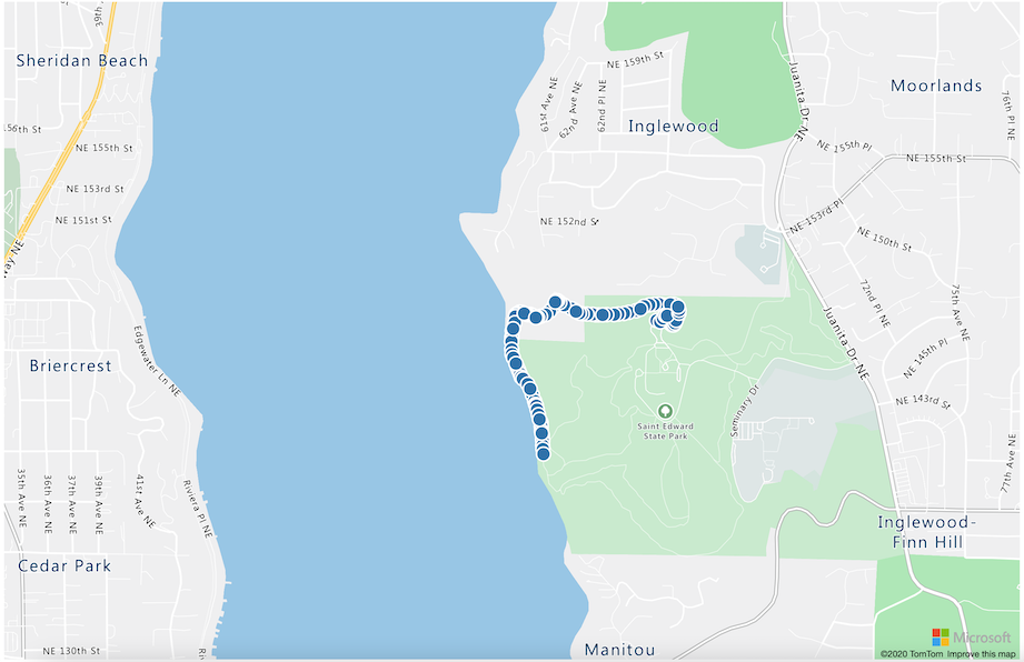 A map of Saint Edward State Park near Seattle, with circles showing a path around the edge of the park