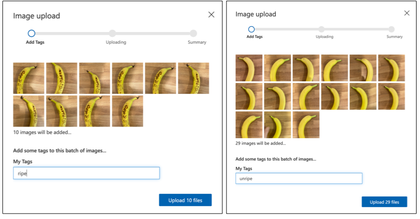 The upload dialogs showing the upload of ripe and unripe banana pictures