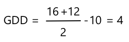 GDD = 16 + 12 除以 2，再减去 10，得到答案为 4