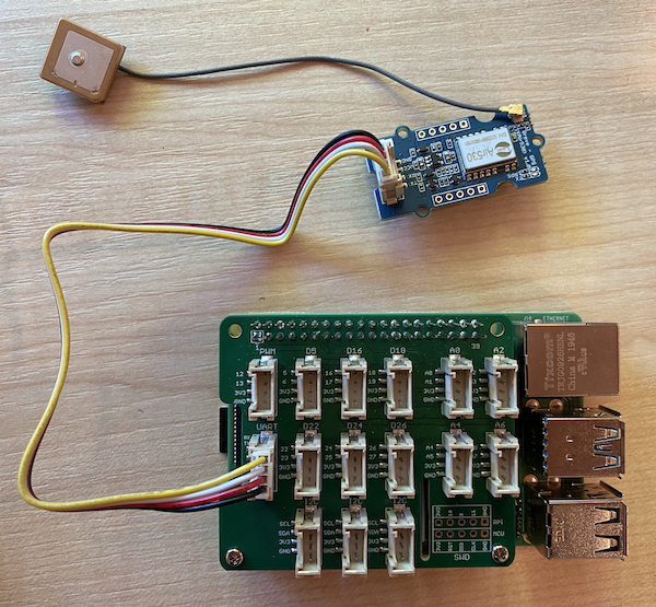 The grove GPS sensor connected to the UART socket