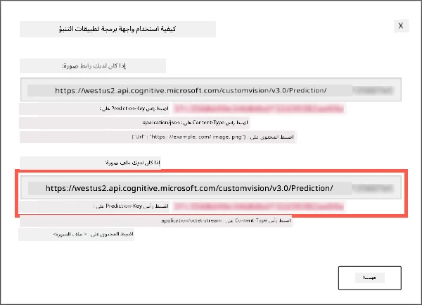 مربع الحوار الخاص بواجهة برمجة التطبيقات للتنبؤ يظهر عنوان URL والمفتاح