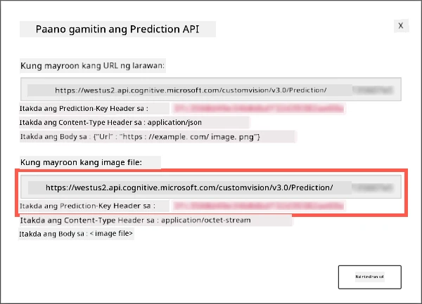 Ang prediction API dialog na nagpapakita ng URL at key