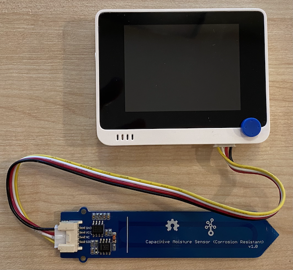 The grove soil moisture sensor connected to the right hand socket