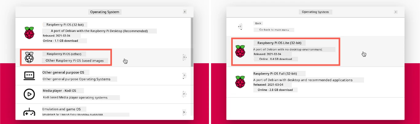 The Raspberry Pi Imager with Raspberry Pi OS Lite selected
